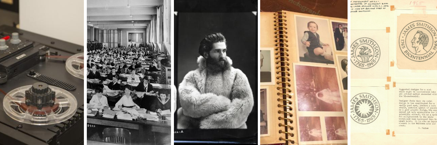 Images that represent the top five blog posts of 2020. Five images: video digitization equipment, a group of people sitting at long tables and working closely together, Emil Bessels wearing a fur parka, a scrapbook, and designs by Crimilda Pontes.