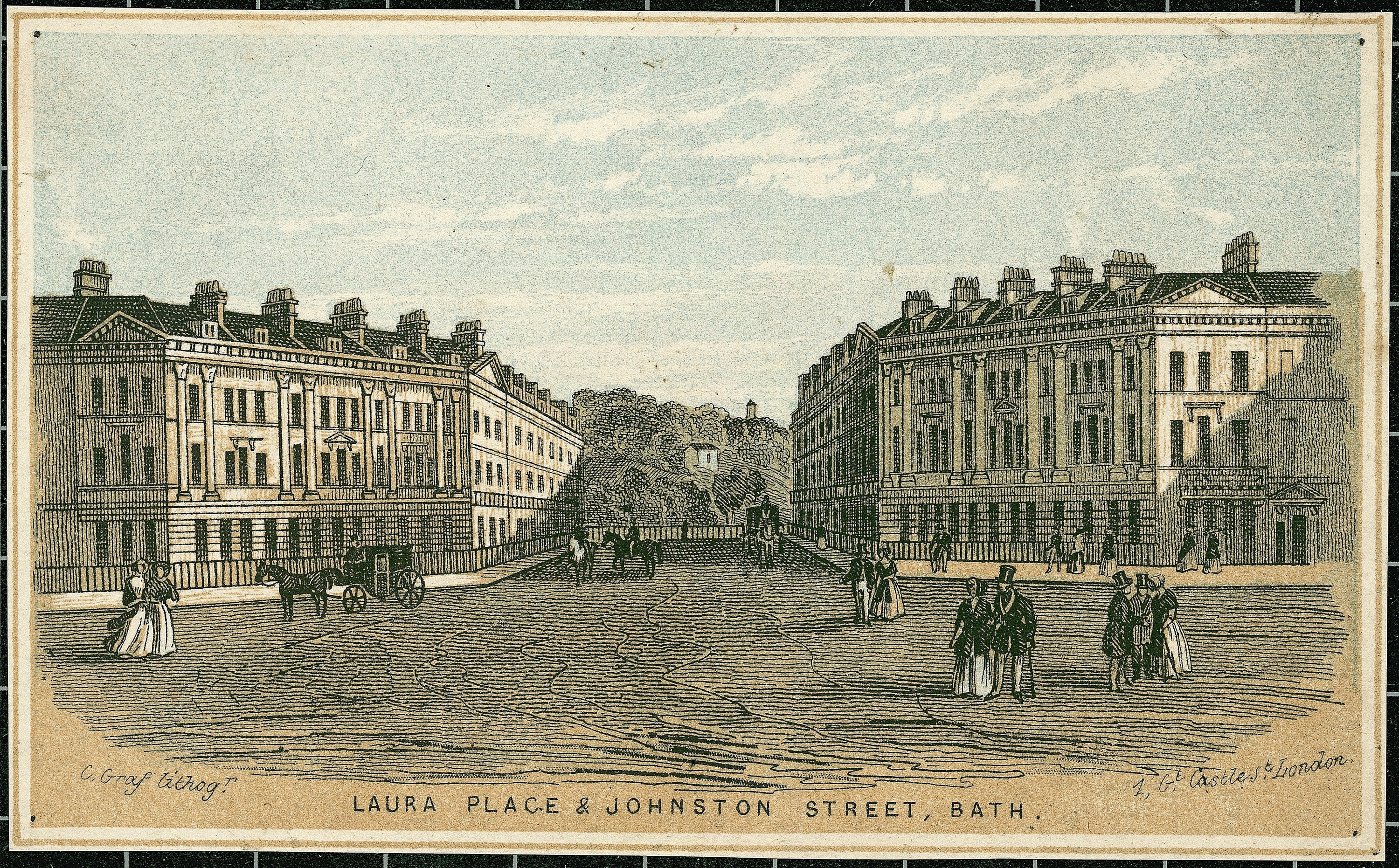 A view of Laura Place & Johnston Street, Bath. James Smithson's mother, Elizabeth Hungerford Keate Macie, was from the nearby town of Weston. Macie enjoyed the freedom of widowhood and the elaborate social life of Bath. Smithsonian Institution Archives, Record Unit 7000, Image no. 2005-33531. An intersection of two dirt roads with neoclassical stone buildings on the left and the right. Men and women in eighteenth-century English clothing are walking and interacting along the streets under a blue sky with scattered clouds.