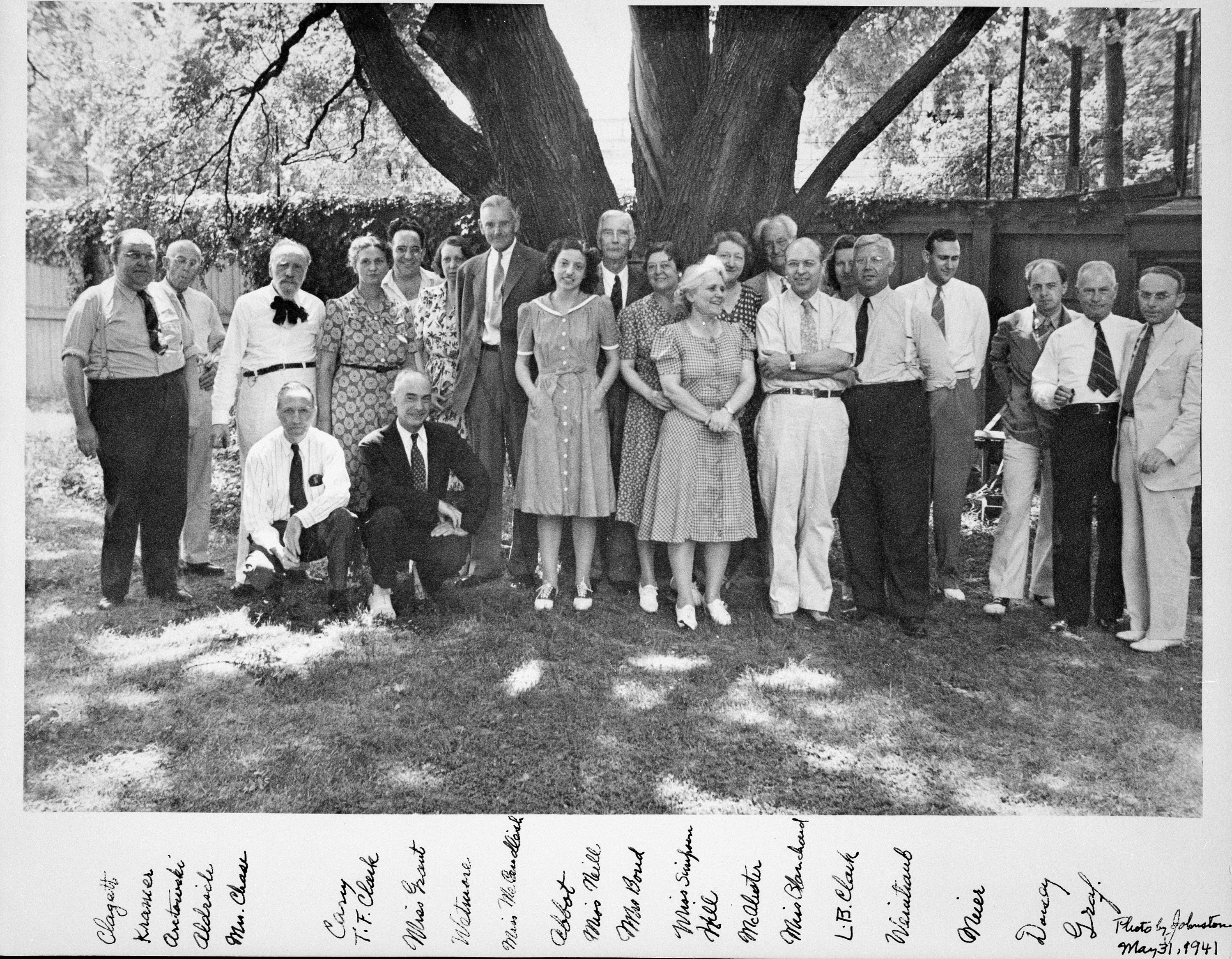 SAO Staff, 1941, by Earl S. Johnston, Smithsonian Institution Archives, Record Unit 7005, Image no. 94-4430. Smithsonian Astrophysical Observatory Staff standing outdoors for a group photo.