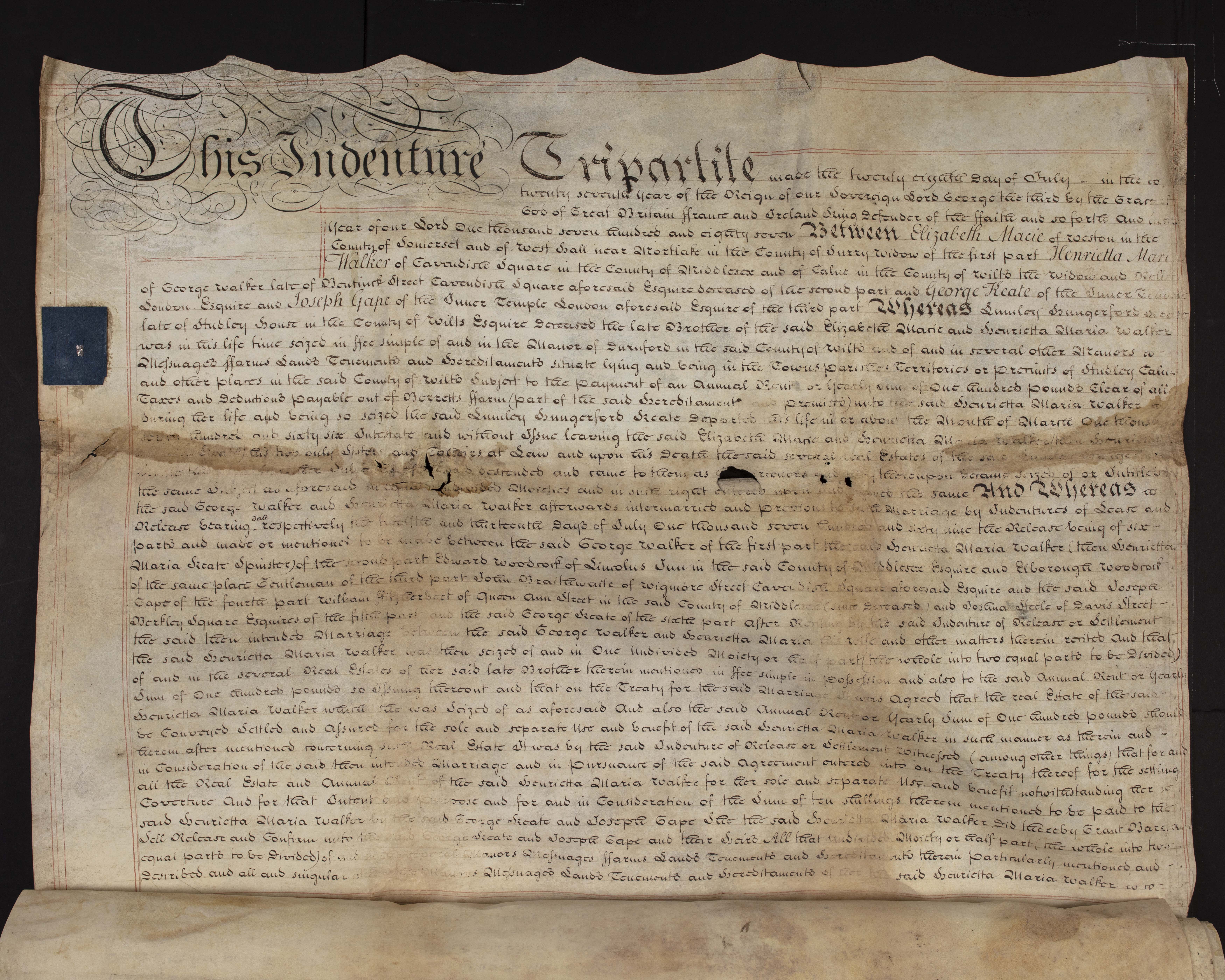 The Hungerford Deed, 1787, Accession 19-150, Smithsonian Institution Archives. Courtesy of Michael Barnes. Front page of the Hungerford Deed that introduced main characters such as Elizabeth Macie, Henrietta Maria Walker, George Keate, and Lumley Hungerford Keate.
