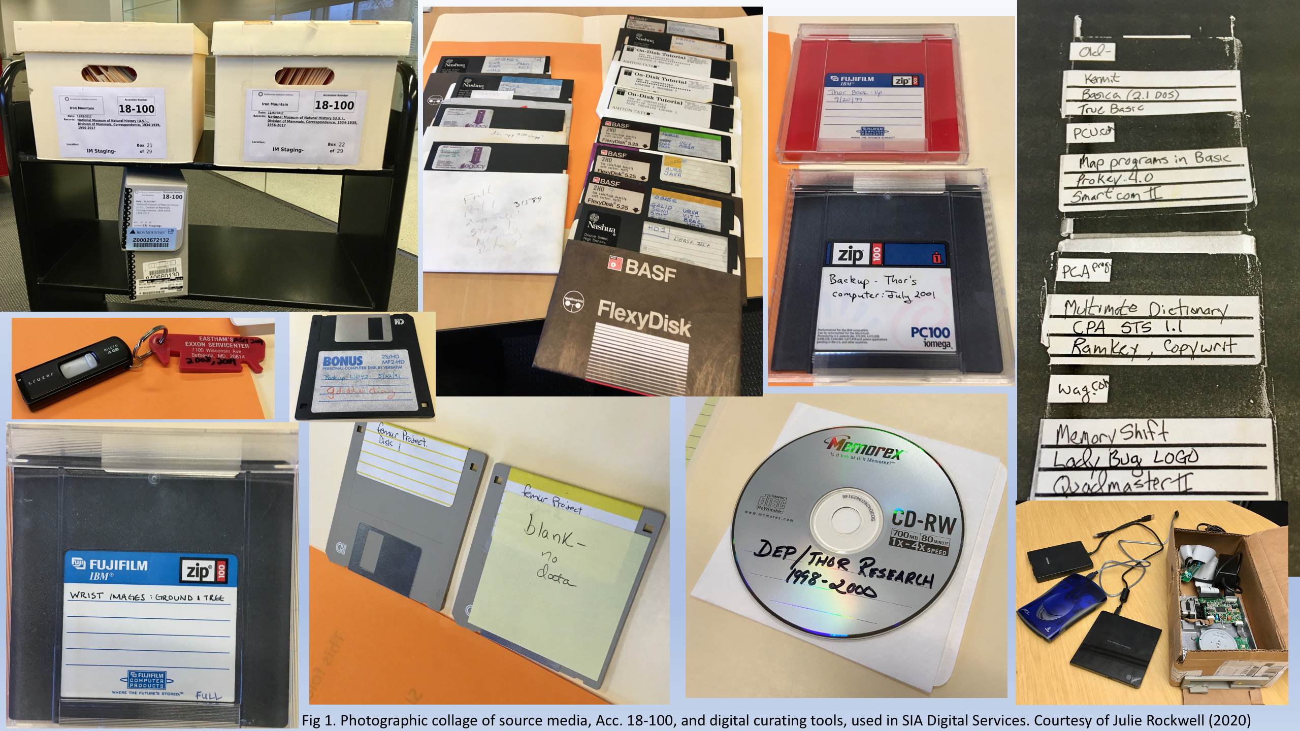 Photographic collage of source media and digital curating tools used in Digital Services for data extraction, Smithsonian Institution Archives, Acc. 18-100, National Museum of Natural History, Division of Mammals, Correspondence, 1934-1939, 1956-2017. February 7, 2020. Courtesy of Julie Rockwell. Computer source media such as floppy disks and a flashdrive from the Archives' Accession 18-100 found in Boxes 21-23 out of 29. The Archives’ digital curating tools.