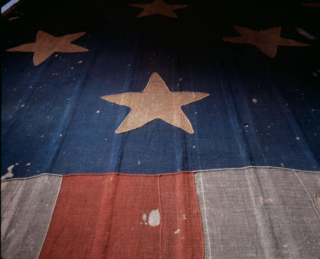 Detail view of the Star-Spangled Banner, December 14, 1999, by Jeff Tinsley, Smithsonian Institution Archives, Image Number: 2000-10761-07. Detail view of the Star-Spangled Banner.