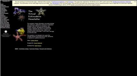 A screenshot of the website for the Virtual Echinoderm Newsletter, crawled June 25, 2014, Accession 14-260 - National Museum of Natural History, Website Records, 1996-2014, Smithsonian Institution Archives.