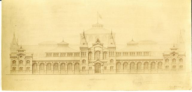 Etching of the new United States National Museum, now the Arts and Industries Building, designed by Adolph Cluss and Rudolph Schulze. Record Unit 95, Smithsonian Institution Archives, Neg. no. SIA2011-1080.