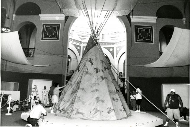 Installation of Dakota Tepee, Arts and Industries Building, 1996. Accession 01-081, Smithsonian Institution Archives, Neg. no. SIA2011-2389.