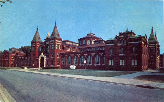 Photocrome postcard of the north facade of the Arts and Industries Building, circa 1955. Accession T90126, Smithsonian Institution Archives, Neg. no. SIA2013-01060.