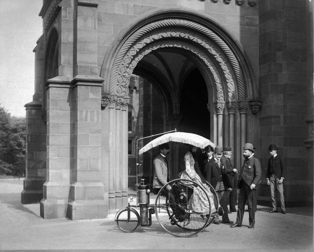 Steam Tricycle in Front of North Entrance to Smithsonian Castle, 1888, MAH-57818.