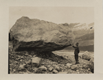 Charles Walcott near huge boulder at Robson Camp, (undated) - Click for larger image [2004-25856; RU 7004, Box 44, Folder 10]