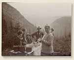 Campsite c. 1910. Left to right: Mrs. Burling, Dr. Lancaster Burling (colleague), Stuart Walcott, Otto (guide), Helena Walcott, Helen Walcott (partly hidden). - Click for larger image [85-11428; RU 7004, Box 44, Folder 10]