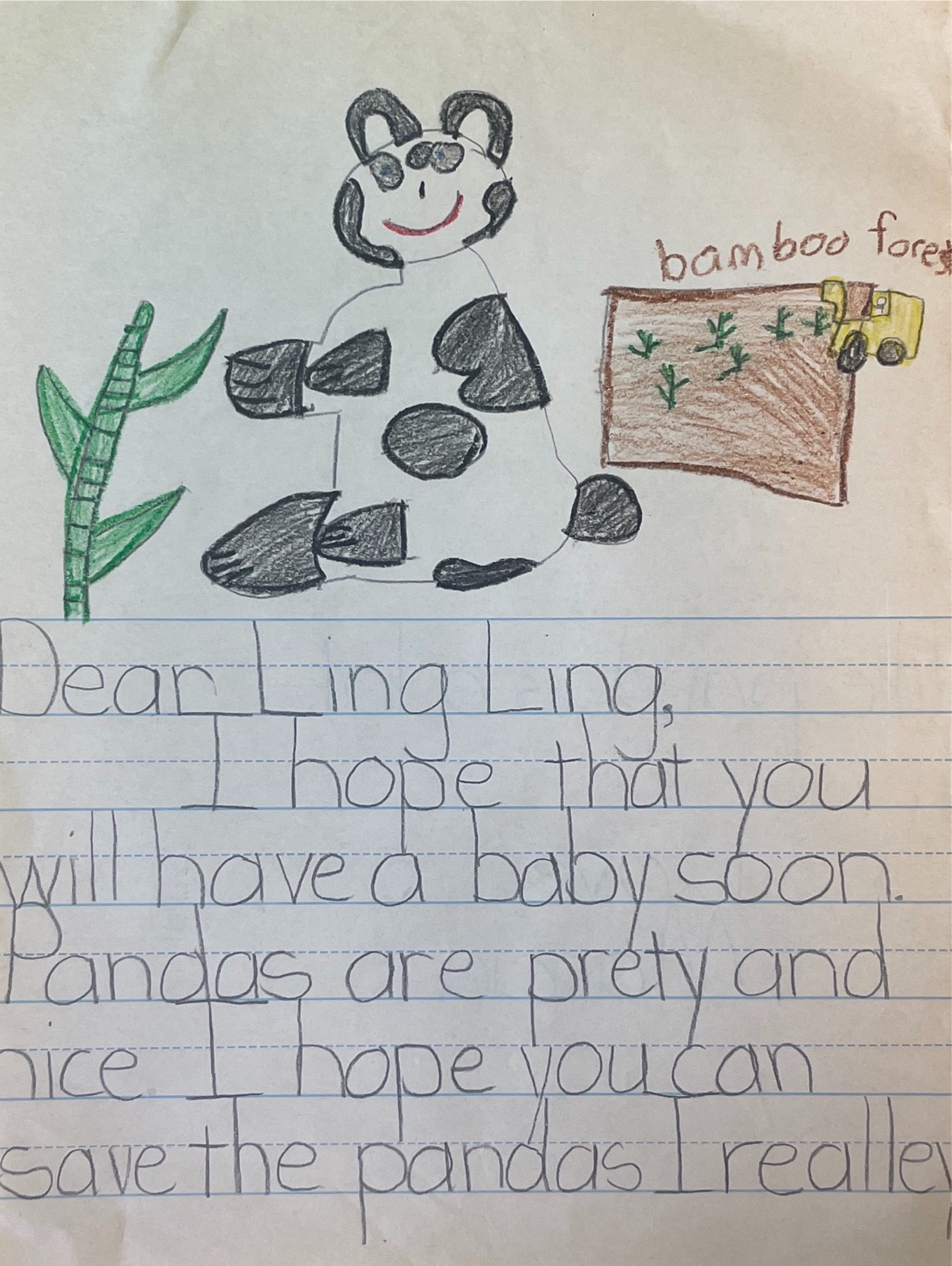 Letter to Ling-Ling. Marcia hoped that Ling-Ling will have a baby soon, and shares that the pandas a