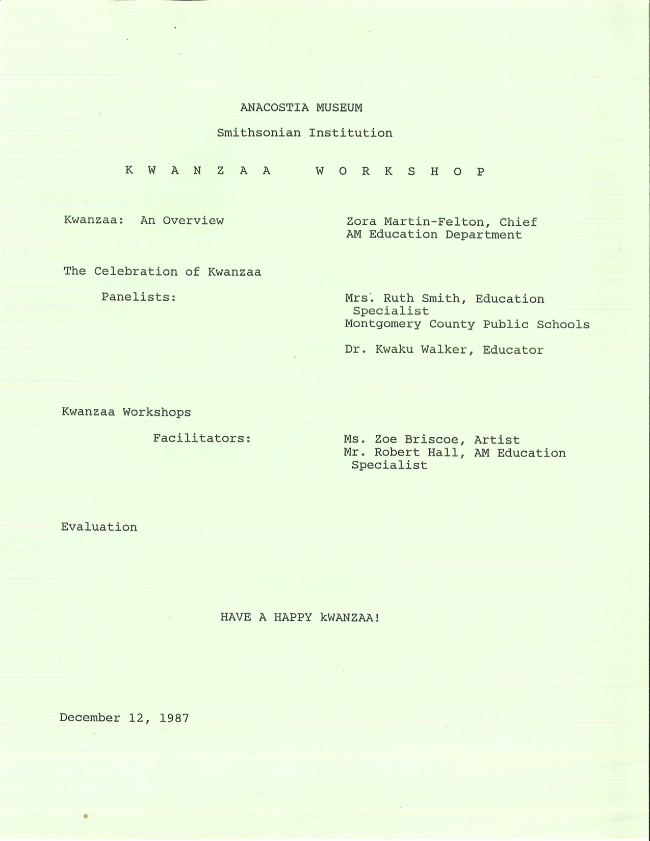 An agenda of people who were leading a workshop about Kwanzaa on December 12, 1987. Leaders include