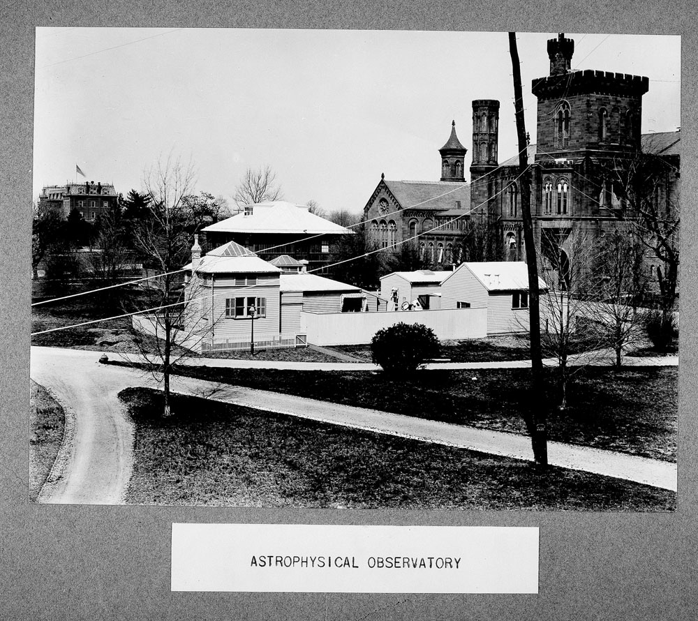 Buildings in the South Yard behind the Smithsonian Institution Building include a building for use by the Smithsonian Astrophysical Observatory. Smithsonian Institution Archives, Record Unit 95, Box 30A, Folder 20, Neg. # 80-12955.