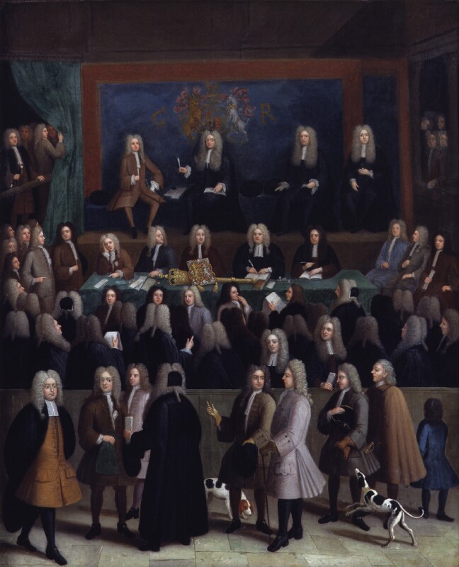 Colorful painting of a group of men with wigs and long coats. The men seated are wearing long black 