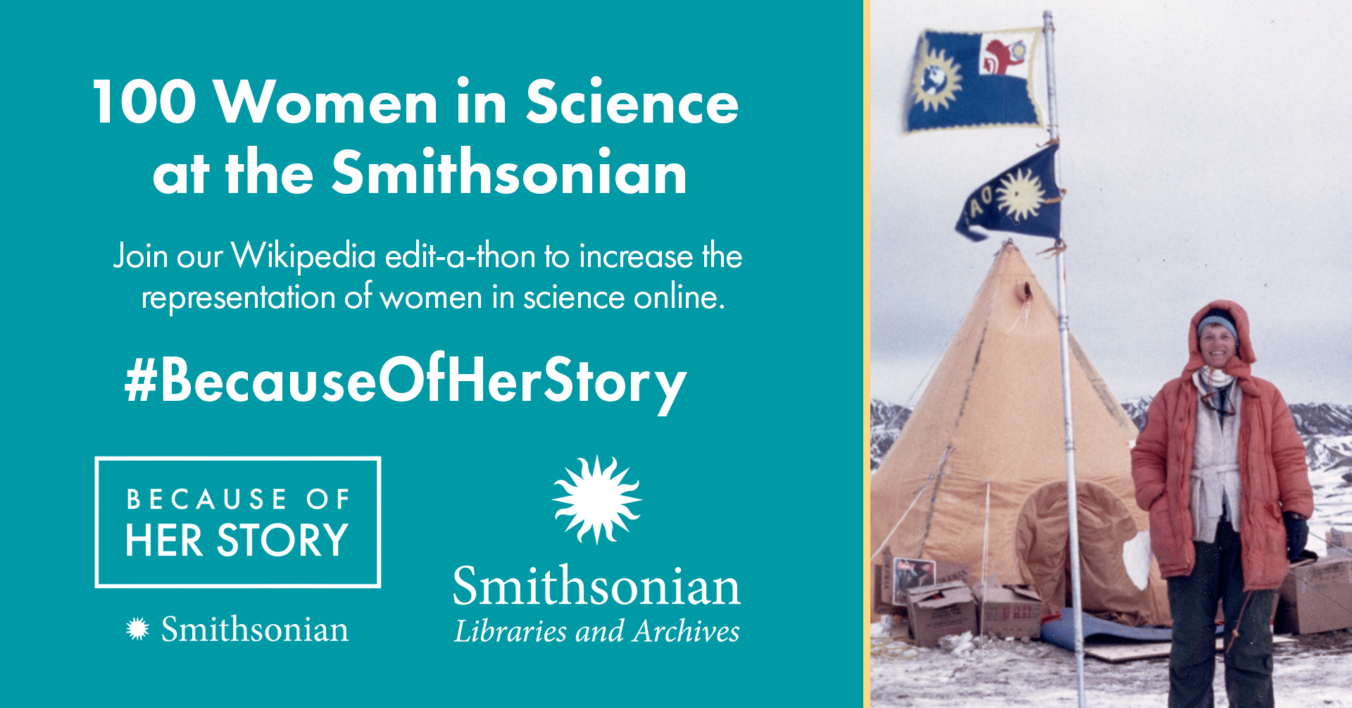 Graphic for the 100 Women in Science at the Smithsonian Wikipedia Edit-a-thon program. It features a