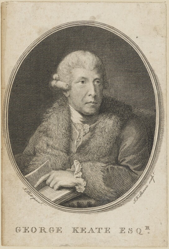 Portrait of George Keate. He is wearing a white wig and a coat with fur trims. Below the portrait re