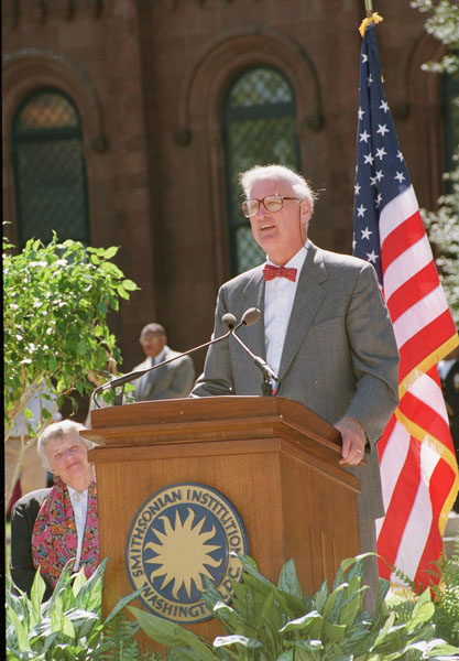A close-up of I. Michael Heyman addressing the crowd for his installation as the tenth Secretary of the Smithsonian. Smithsonian Institution Archives Accession 98-015 Box 2 Folder October 1994.