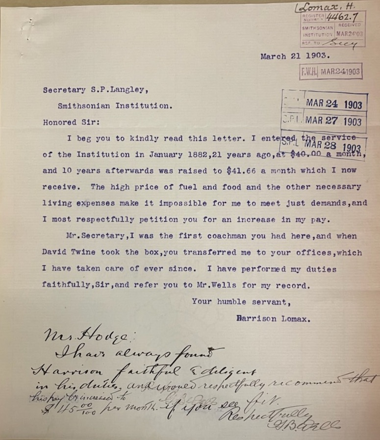Letter from Lomax to Langley requesting a pay raise, since his pay had been raised less than two dol