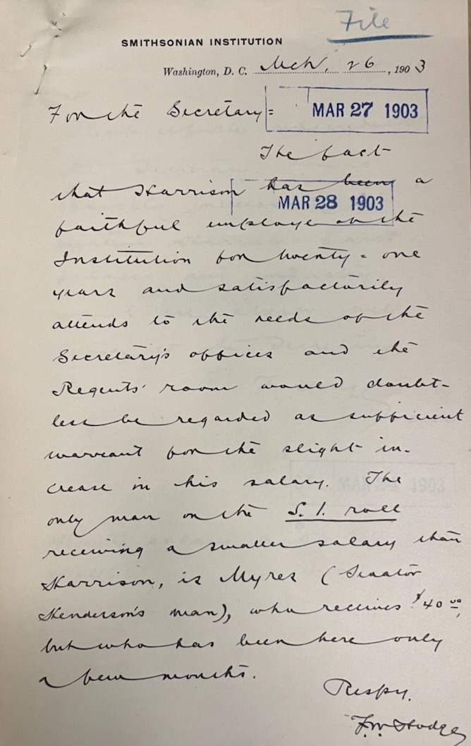 In a letter dated March 26, 1903, Hodge wrote a letter to the Secretary praising "Harrison."