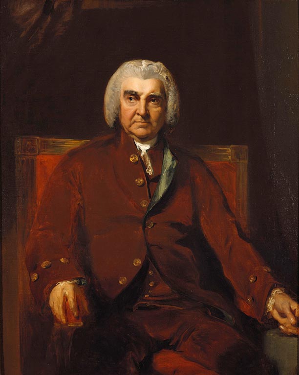 Portrait of a man in a red coat and red pants and wearing what appears to be a white wig.