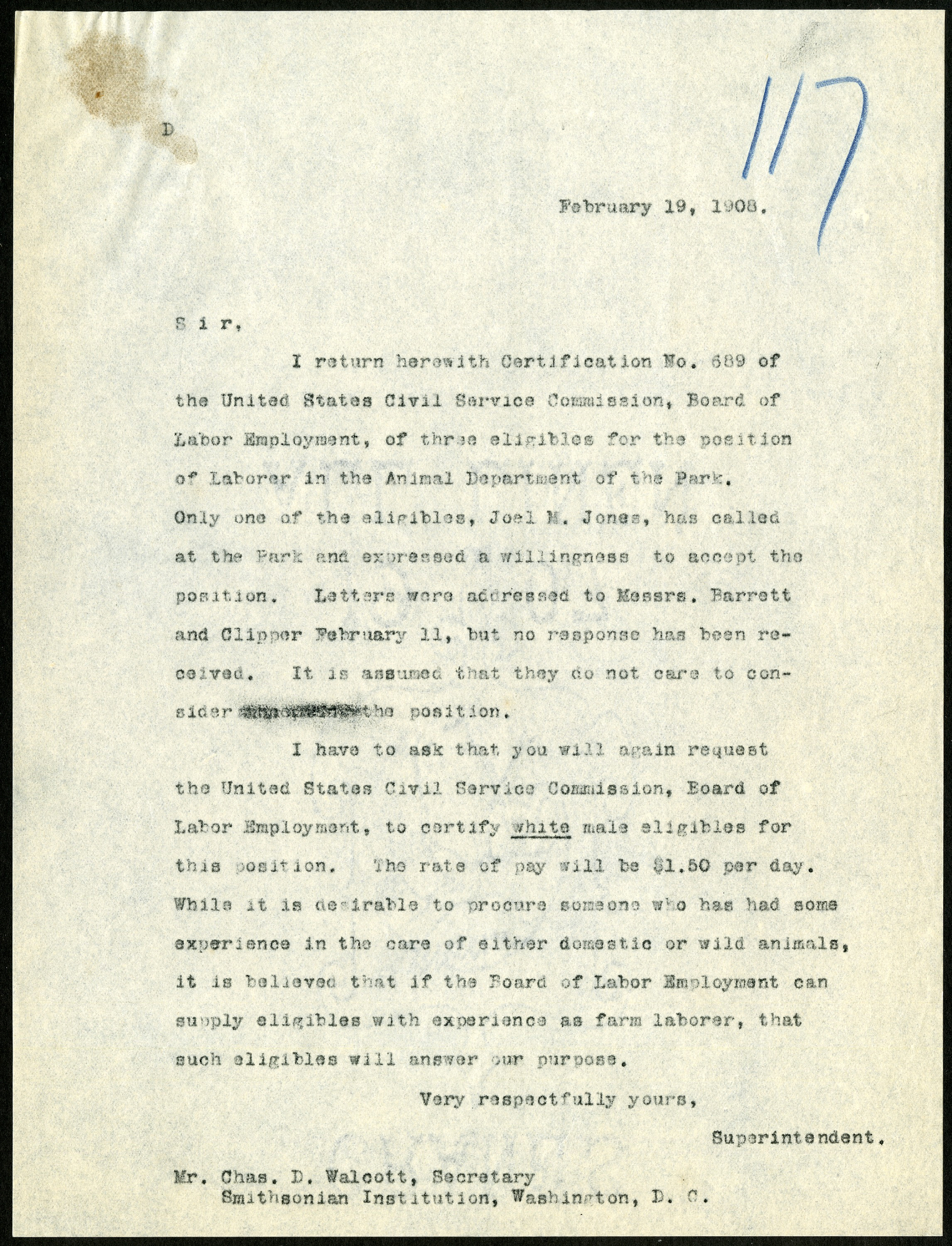 Exchange of letters between Walcott, his assistant and zoo director, 1908.