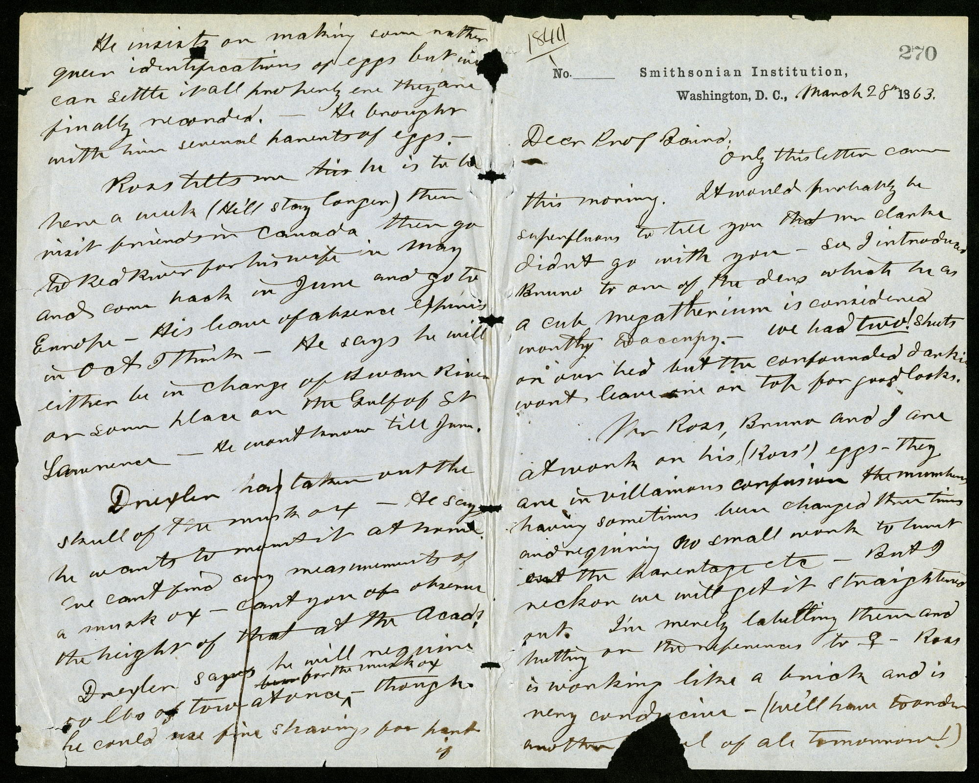 Record unit 7002, Box 27, Folder 3. Robert Kennicott to Spencer F. Baird, March 28, 1863.