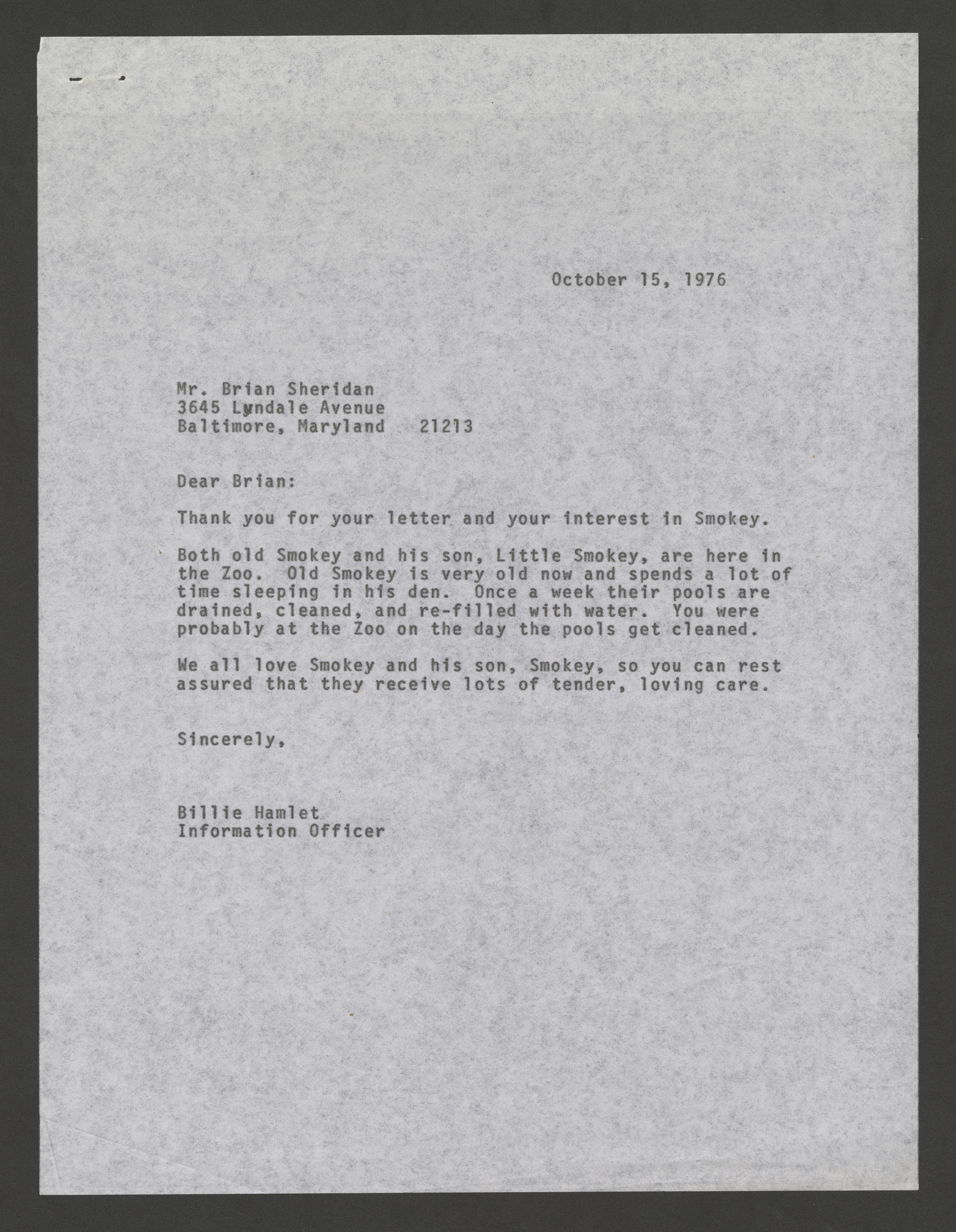 Letter from Billie Hamlet addressed to Brian Sheridan.