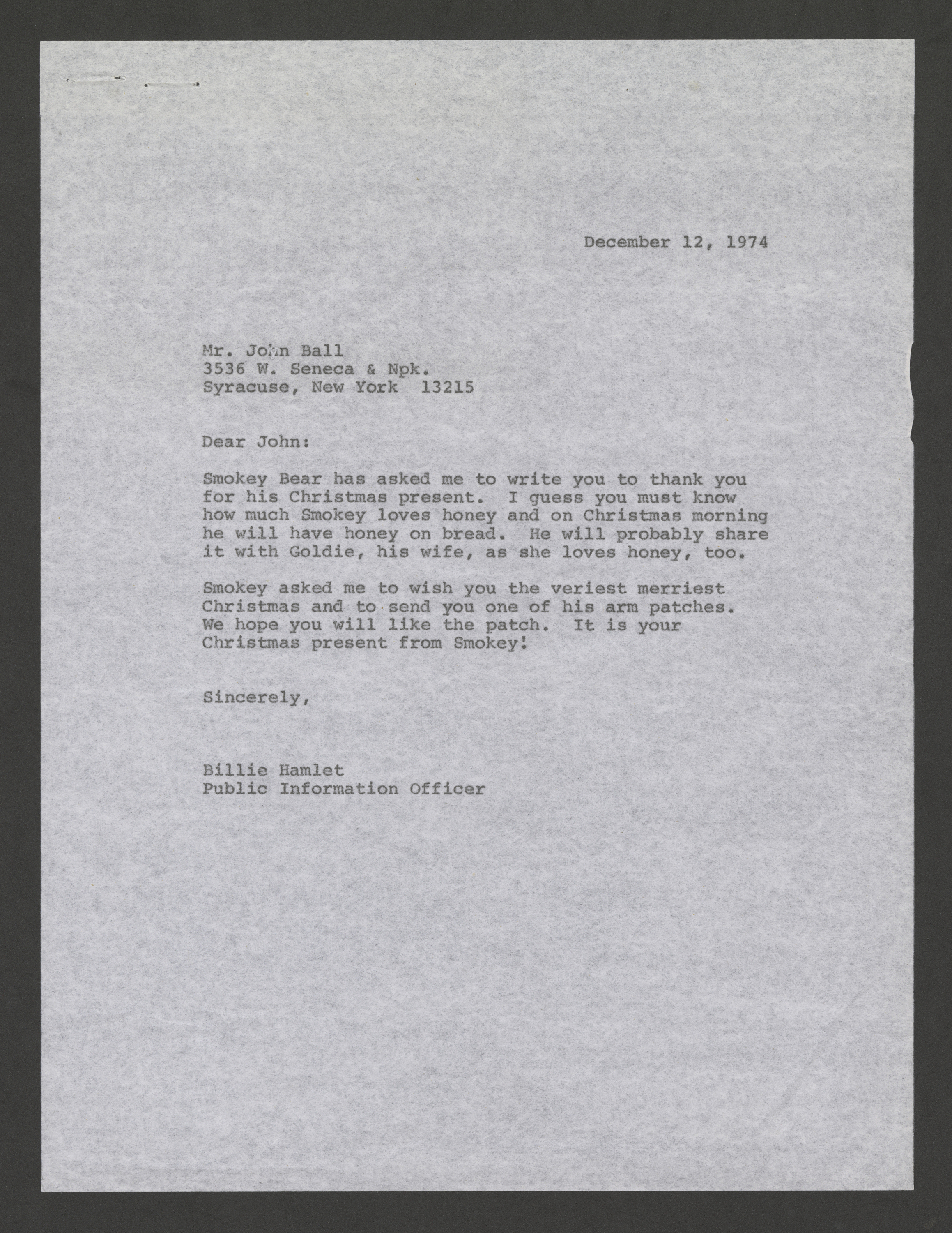 Letter from Billie Hamlet to John Ball.