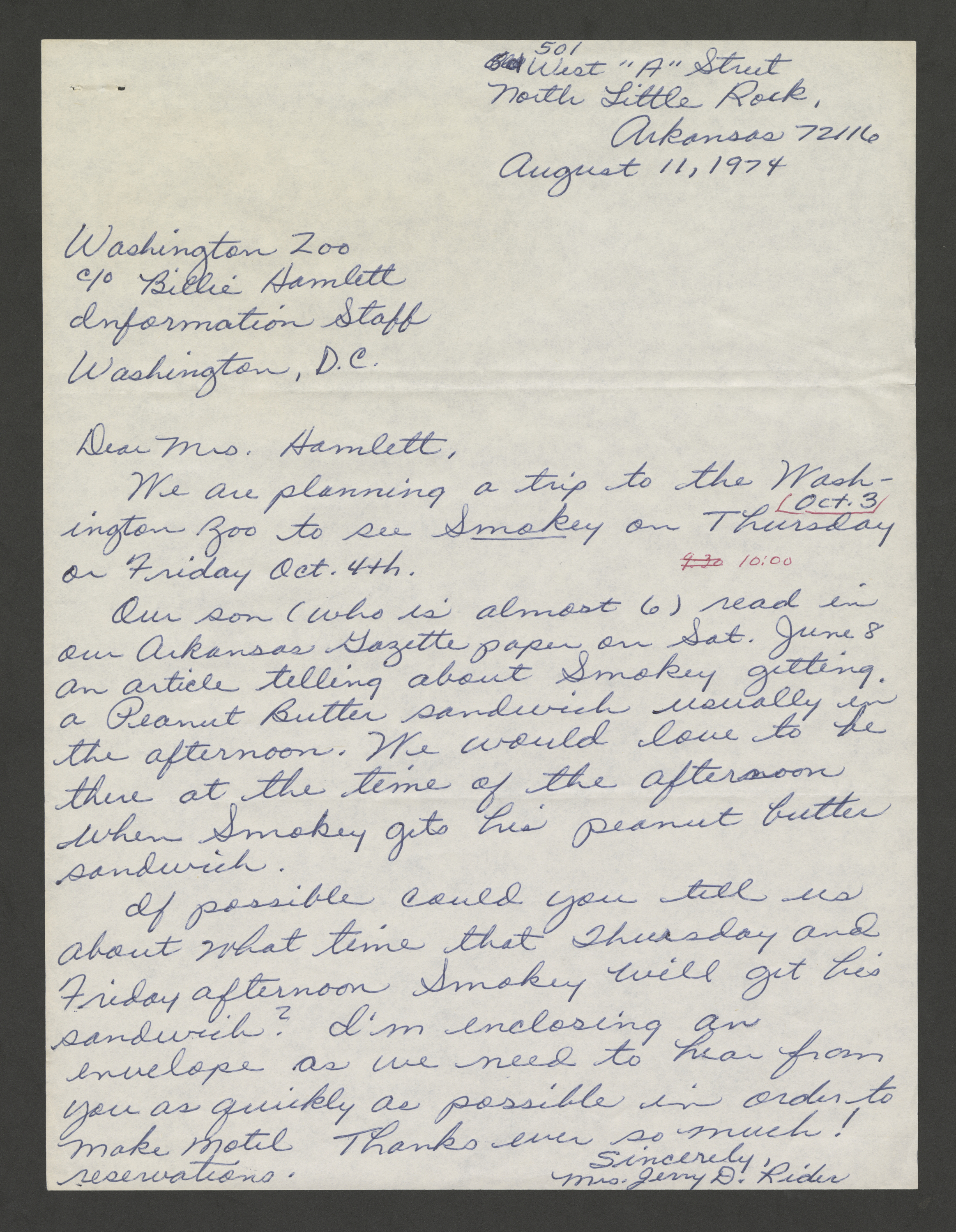 Handwritten letter from Mrs. Jerry D. Rider.