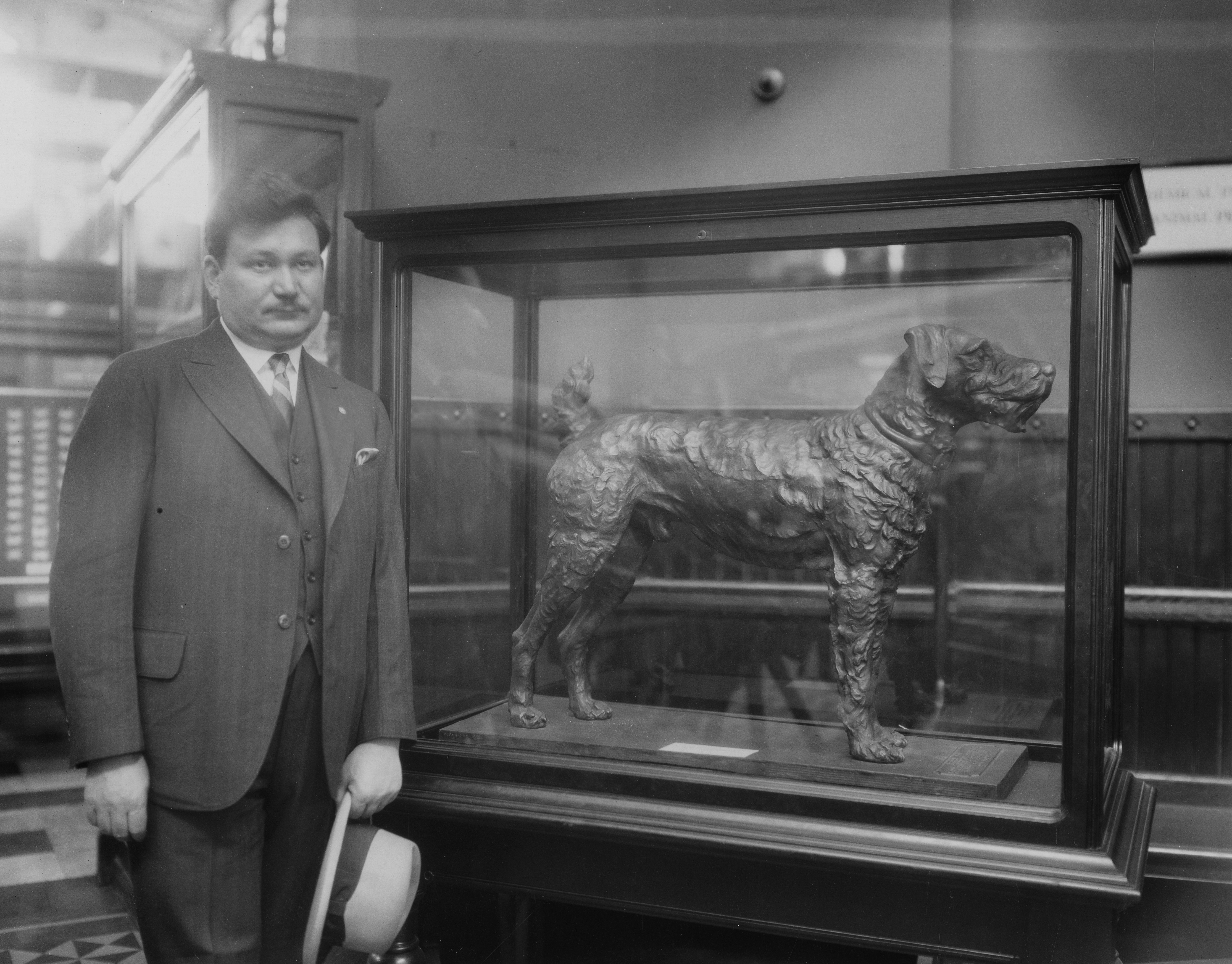 A man stands next to a an exhibit case containing a bronze dog. 