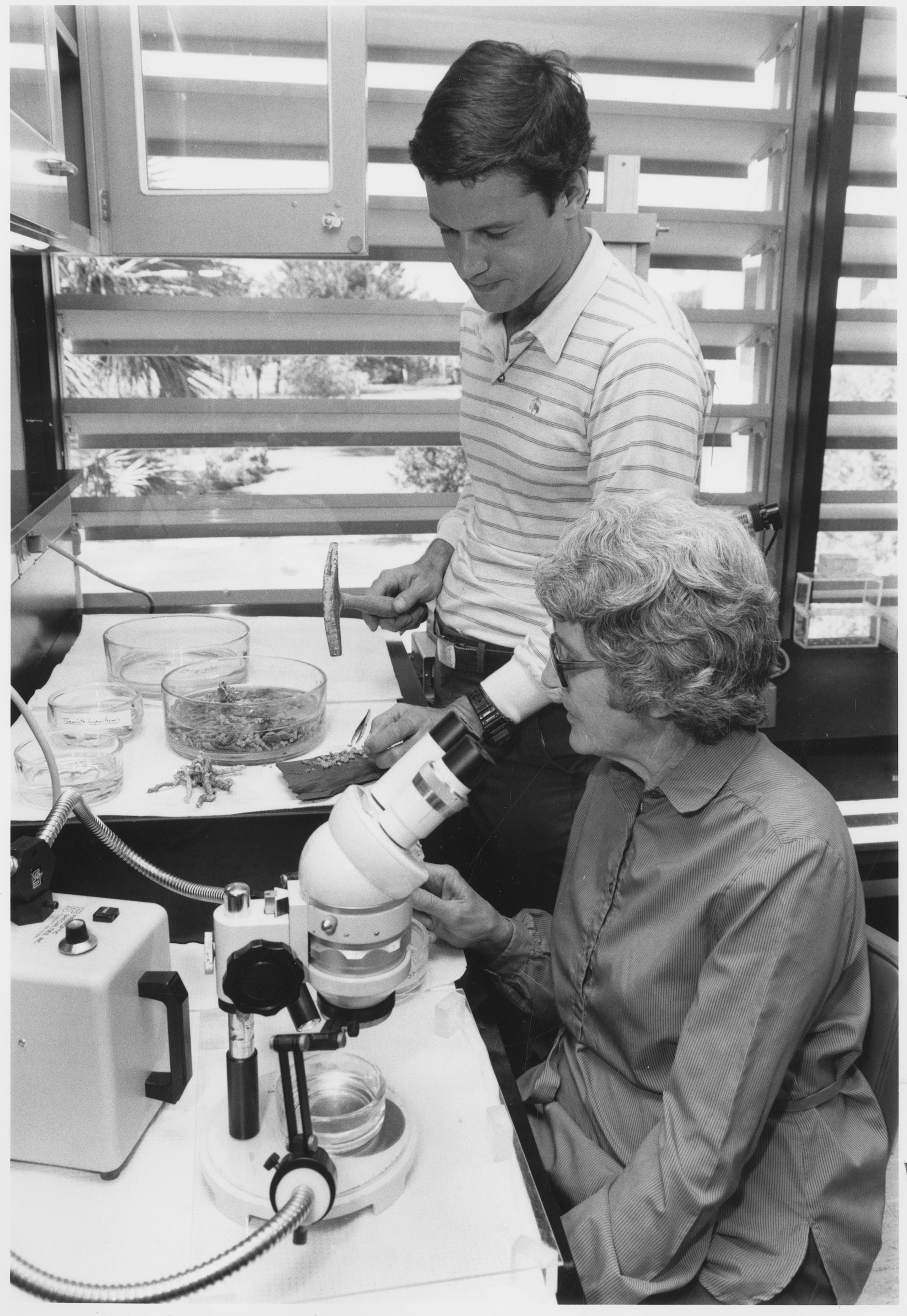 Mary Rice and sits at a desk near a microscope. A man, standing, holds a hammer. A bowl of something