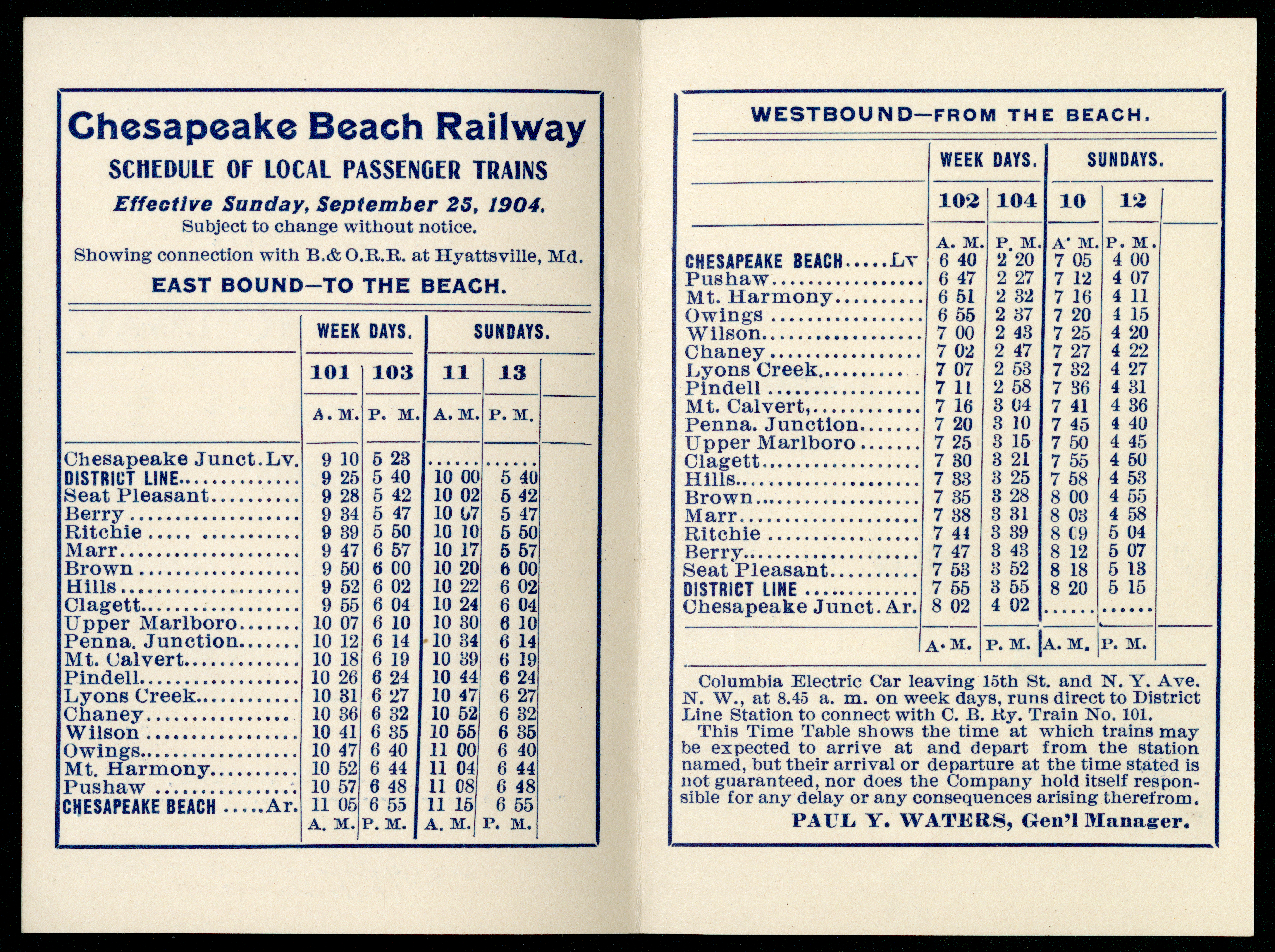 Chesapeake Beach Railway Time Table, 1904