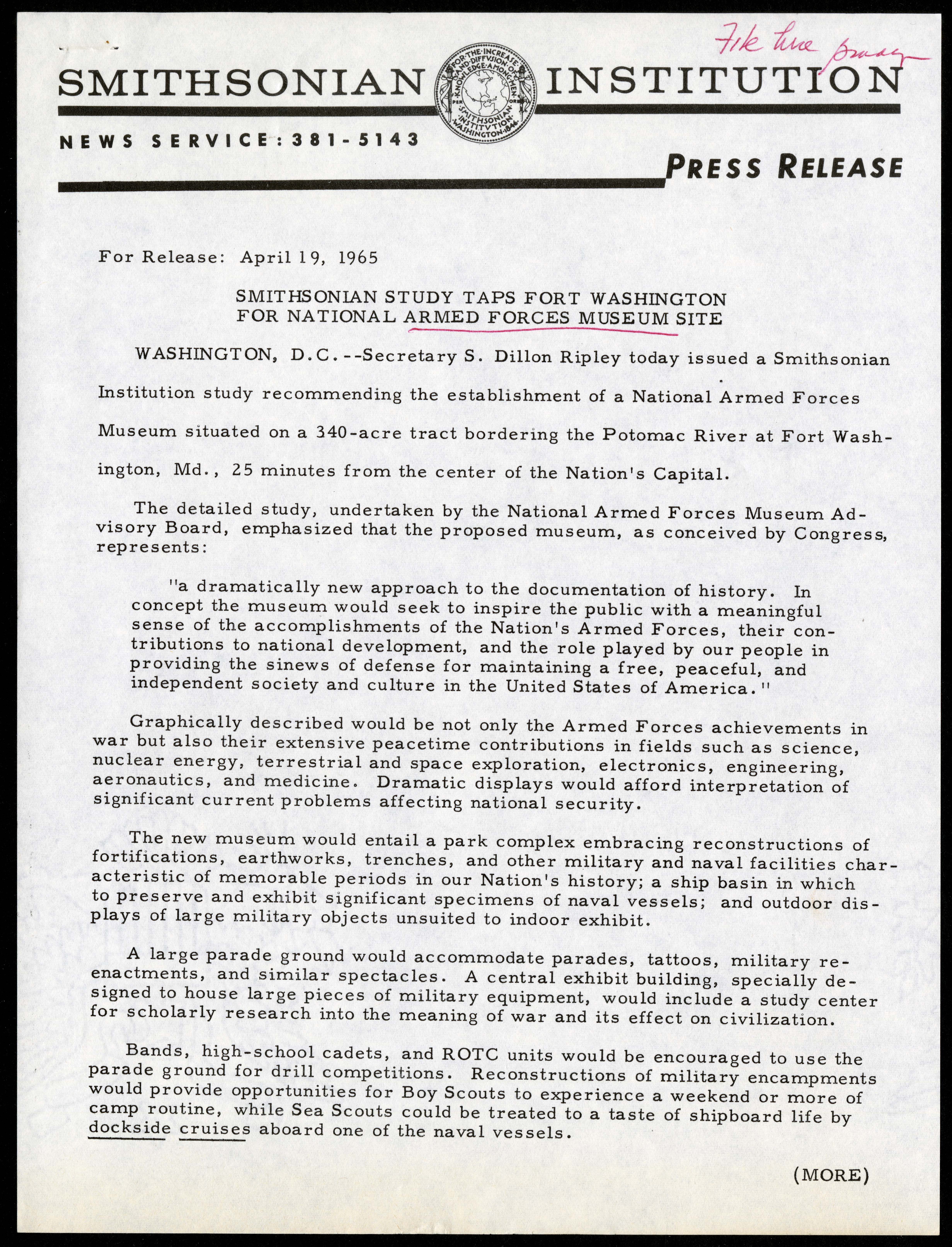 Official press release announcing the National Armed Forces Museum, April 19, 1965.