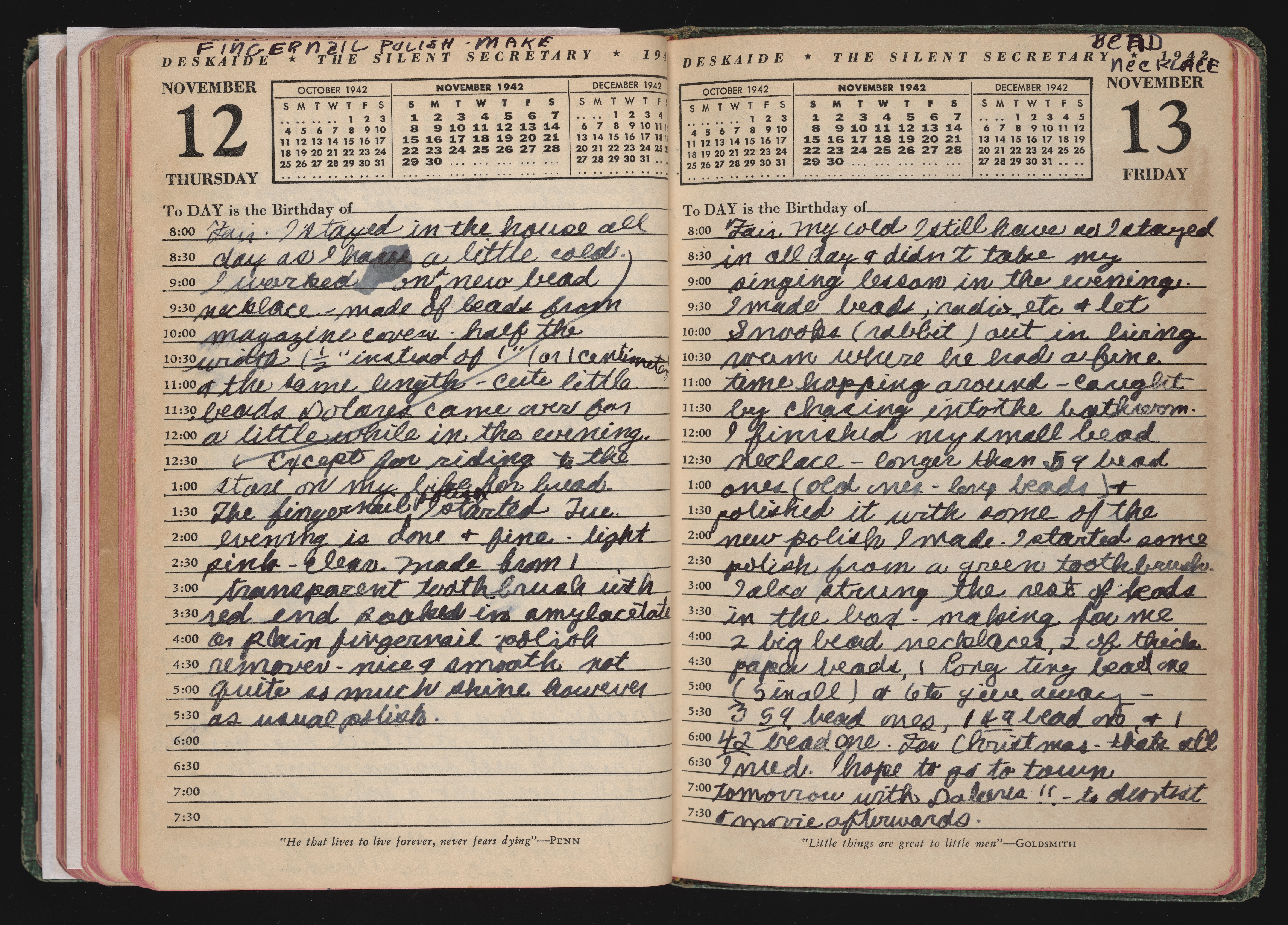 Written diary entry by Doris Sidney Blake, November 12-13, 1942. Contains text about mixing nail pol