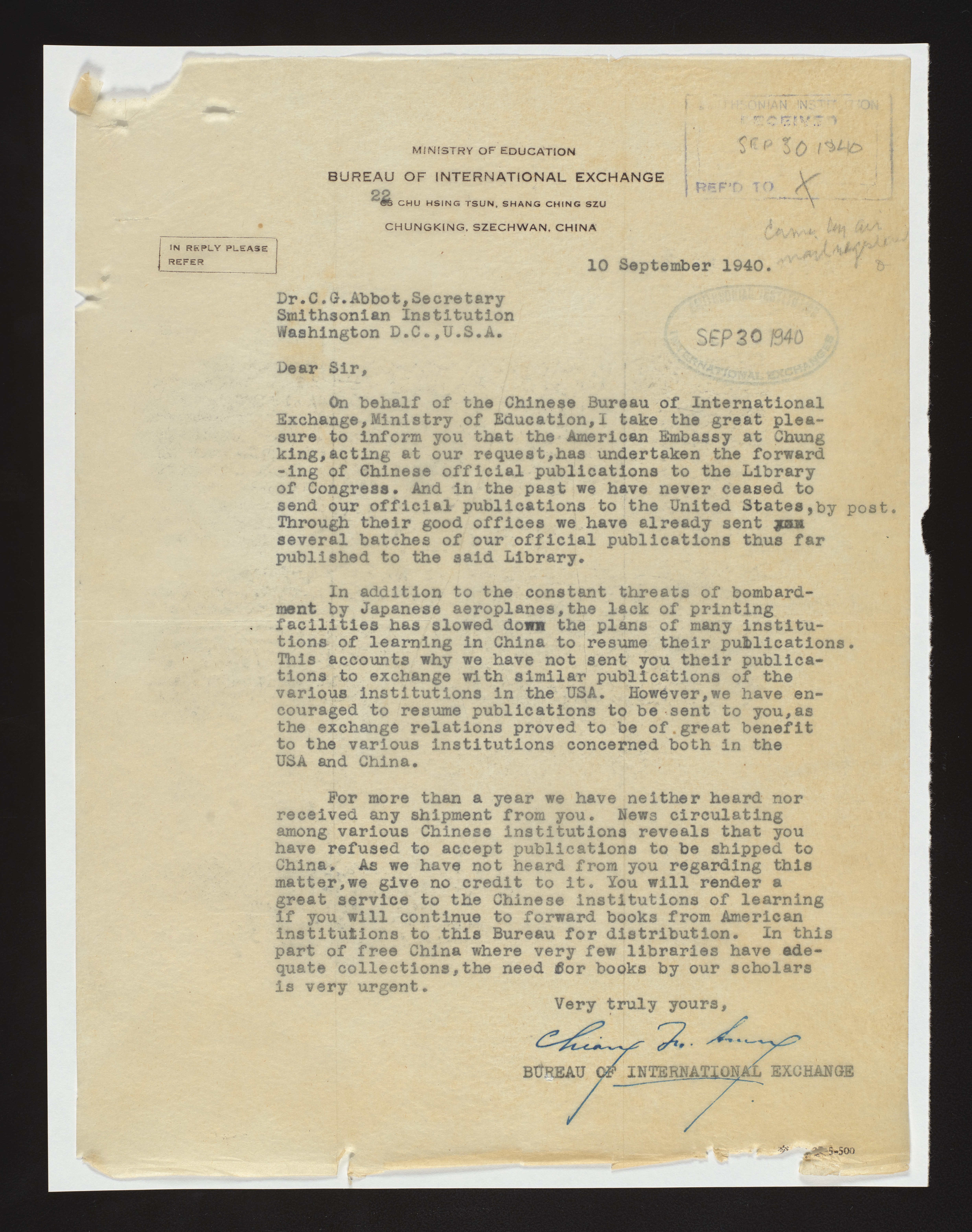Typewritten letter from Chinese Bureau of International Exchange to Smithsonian Secretary Charles G.