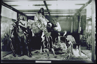 Black and white photograph of an diorama exhibit created by Homles to showcase Tehuelehe life 