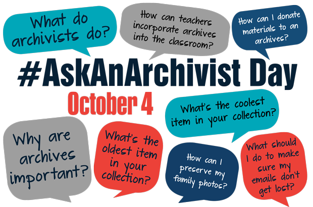 Logo for #AskAnArchivist with conversation bubbles with sample questions