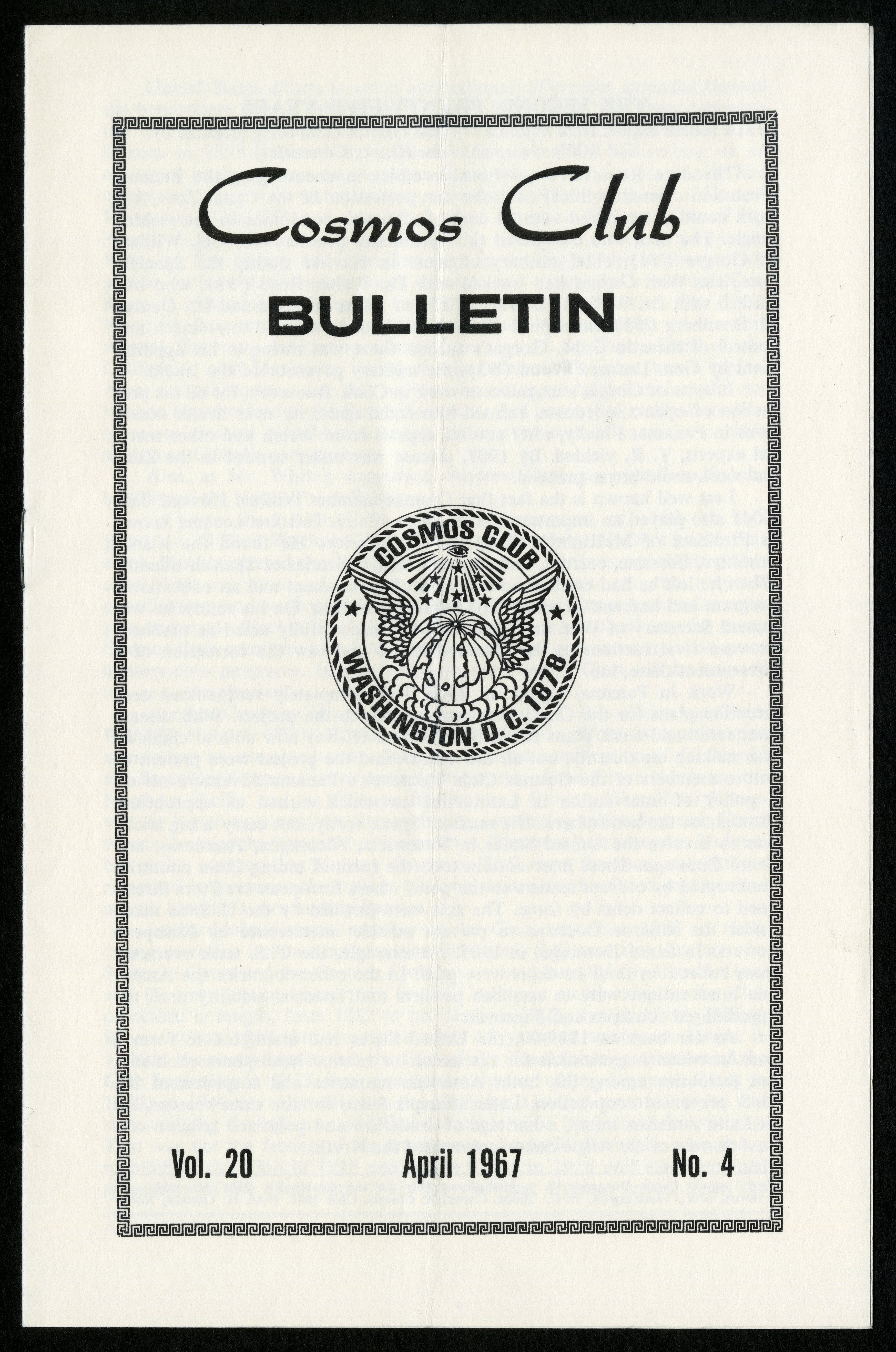 Front Cover of the Cosmos Club Bulletin, April 1967, Vol. 20, No. 4. 