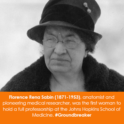 Florence Rena Sabin (1871-1953), anatomist and pioneering medical researcher, was the first woman to hold a full professorship at the Johns Hopkins School of Medicine.