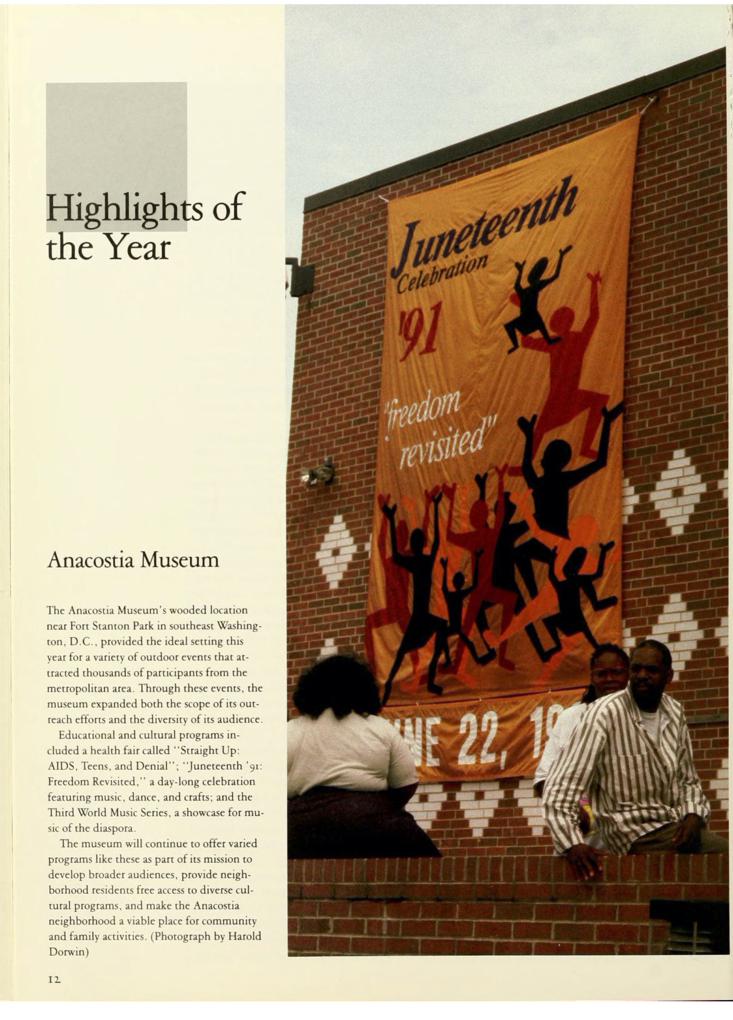 The highlights section about the Anacostia Museum in the annual report pictures a Juneteenth Banner 