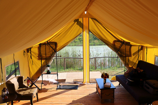 View out the front of a "glamping" tent at Firelight Camps in Ithaca, NY, by Alice Crain.