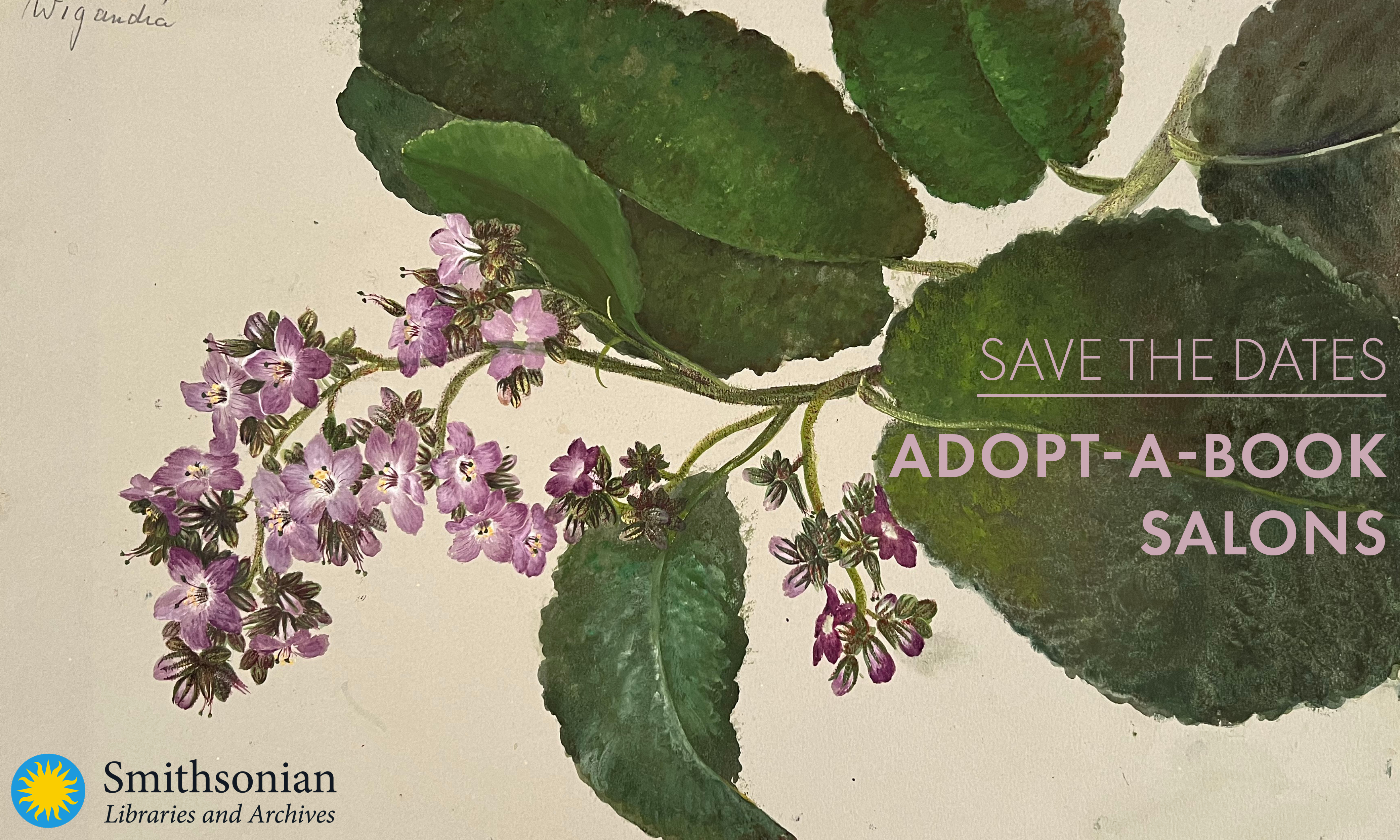 Adopt-a-Book save-the-date promo graphic. The background is a painting of purple flowers. The Smiths