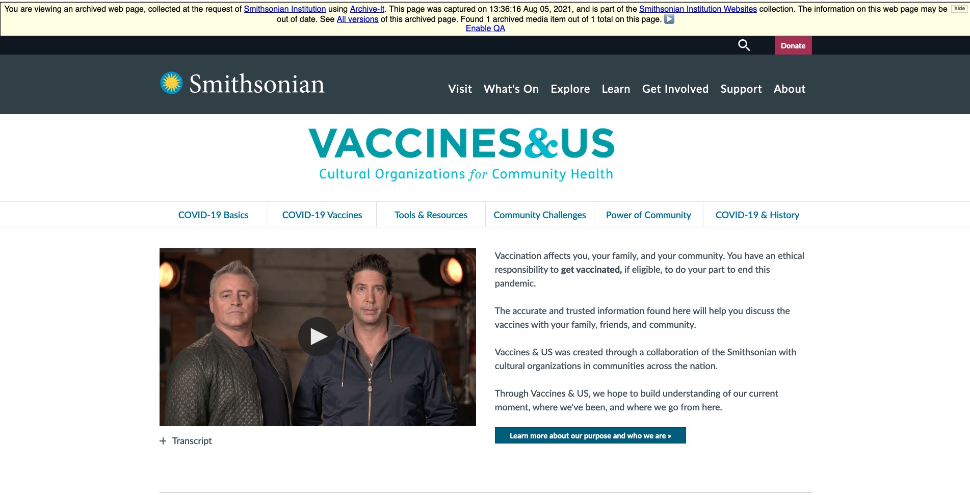 Screenshot of the Vaccines and US archived website that shows a banner noting it was archived August