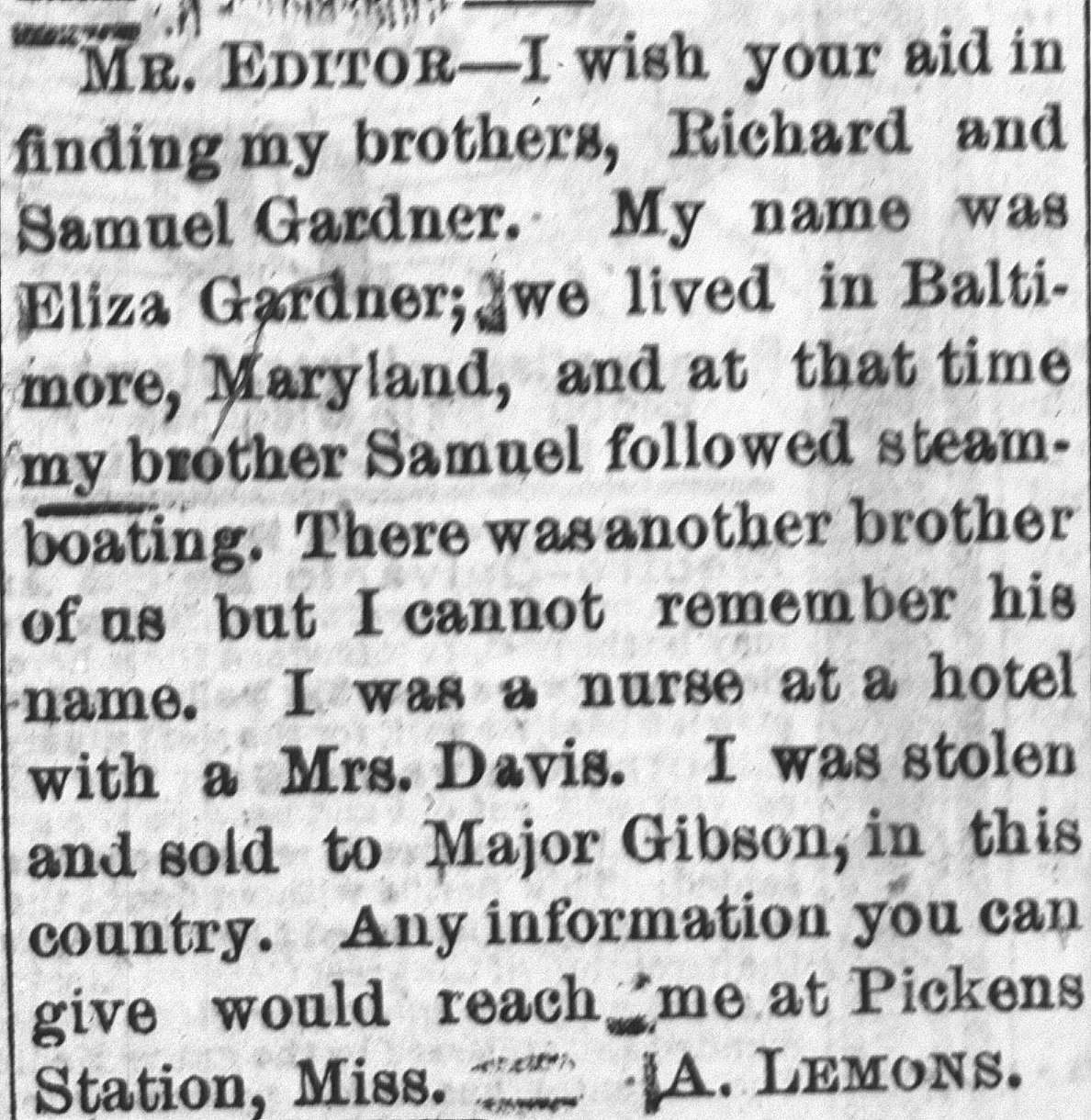 Ad reads, "Mr. Editor - I wish your aid in finding my brothers, Richard and Samuel Gardner. My name 