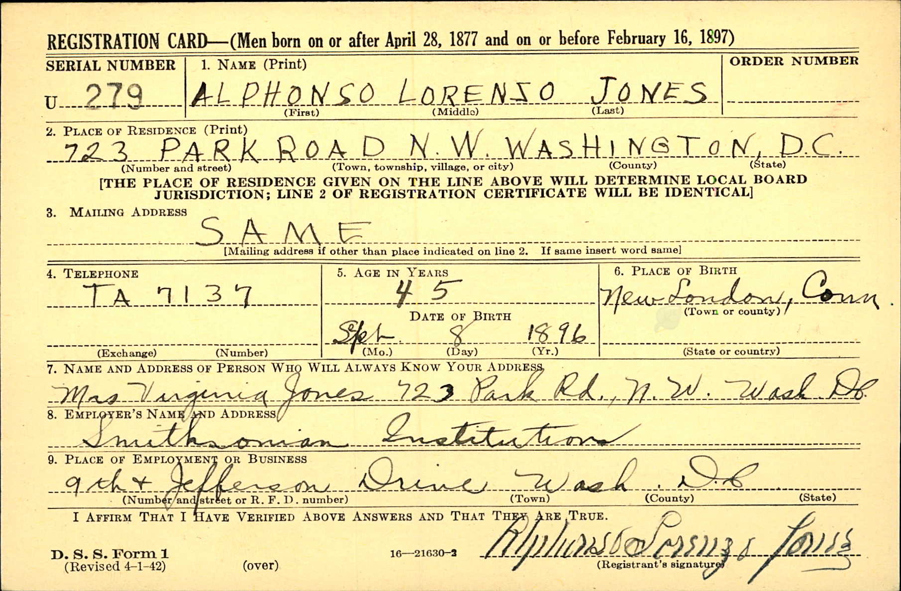 Jones' draft card lists his address as 723 Park Road NW Washington DC. His birth date is Sept. 8 189