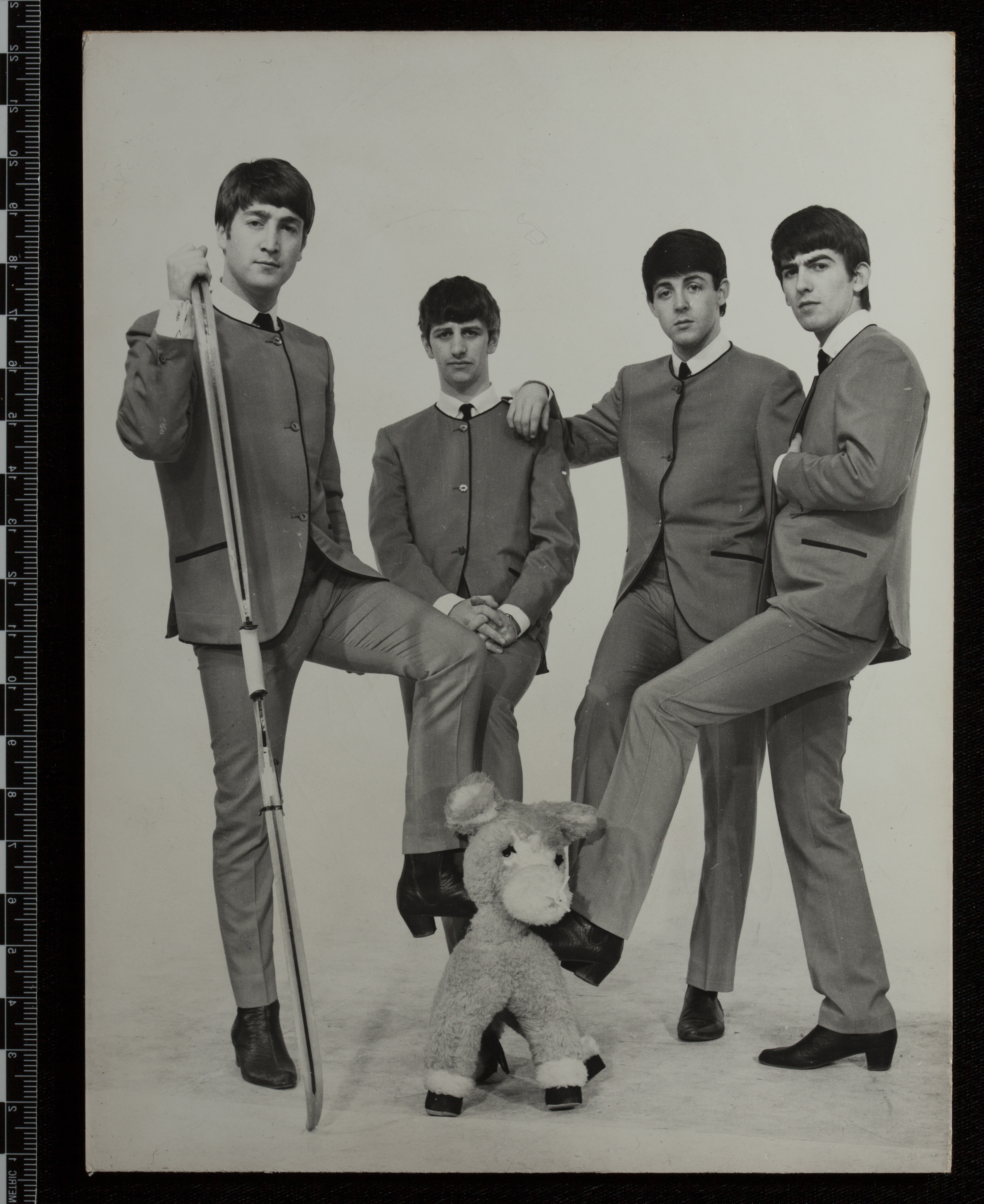 Promotional black and white photograph of The Beatles, c. 1964, as seen in even, non-raking visible light. Courtesy of E. Keats Webb, Museum Conservation Institute. Accession 2014.02 - Harry Lynn Collection, Jewish Historical Society of Greater Washington.