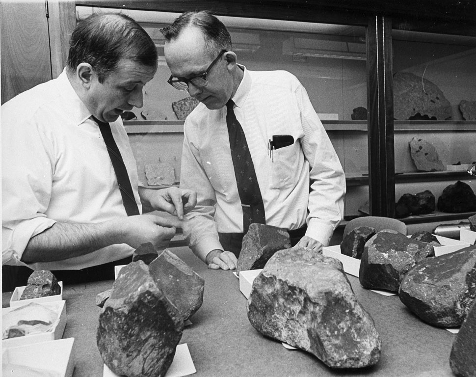 Mineralogists Eugene Jarosewich, Chemist, and Roy S. Clarke, Jr., Associate Curator, examine samples from a Mexican meteorite shower for the Center for Short-Lived Phenomena, Cambridge, Massachusetts, Record Unit 371, Smithsonian Institution Archives, neg. no. 94-1533.
