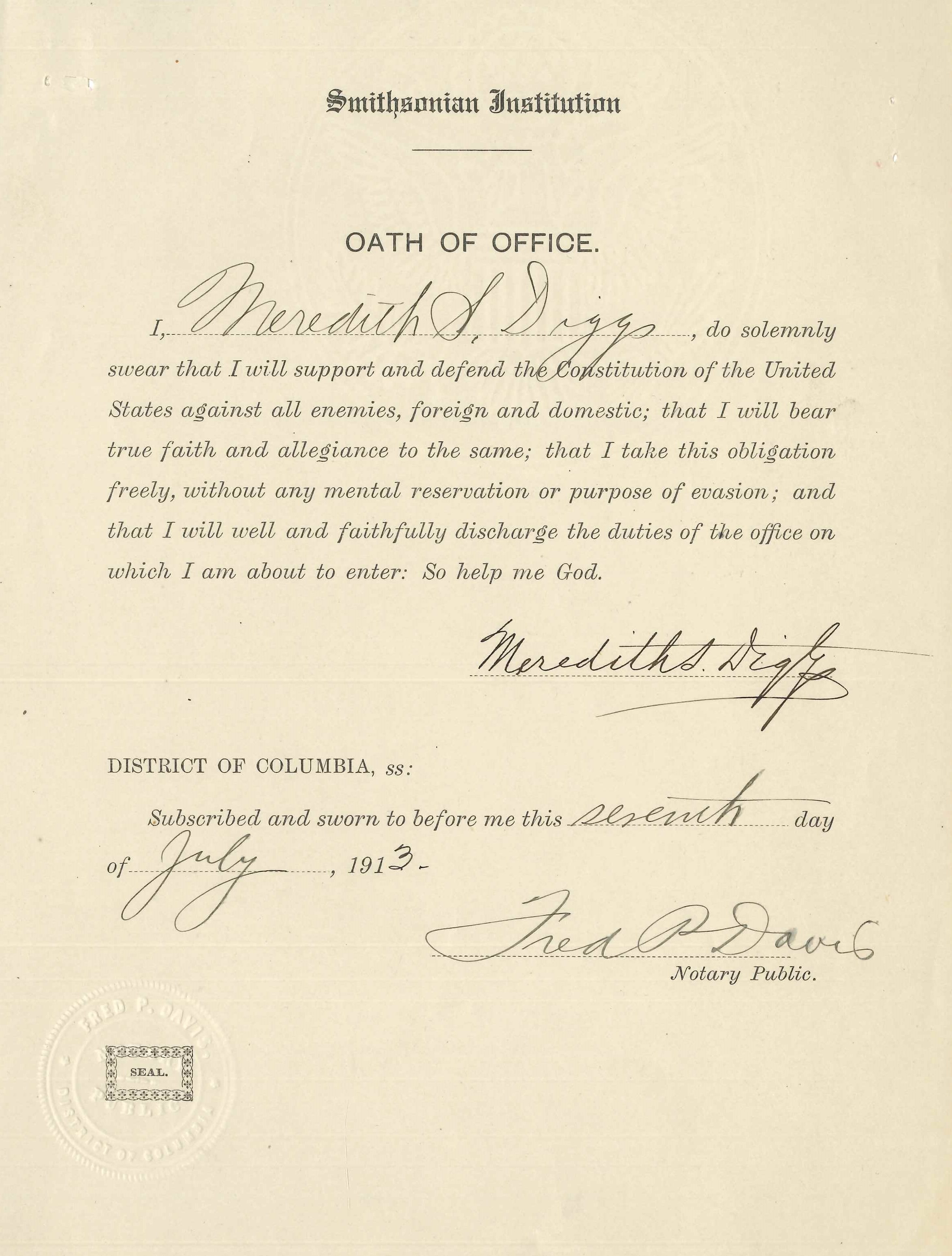 Printed oath of office with blank spaces to filled in with ink, includes an embossed seal in lower l