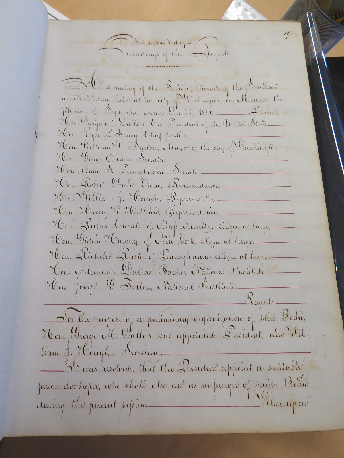 Board of Regents minutes - First Annual Meeting, by Lisa Fthenakis, 2014, Record Unit 1 - Smithsonian Institution Board of Regents, Minutes, 1846- , Smithsonian Institution Archives.