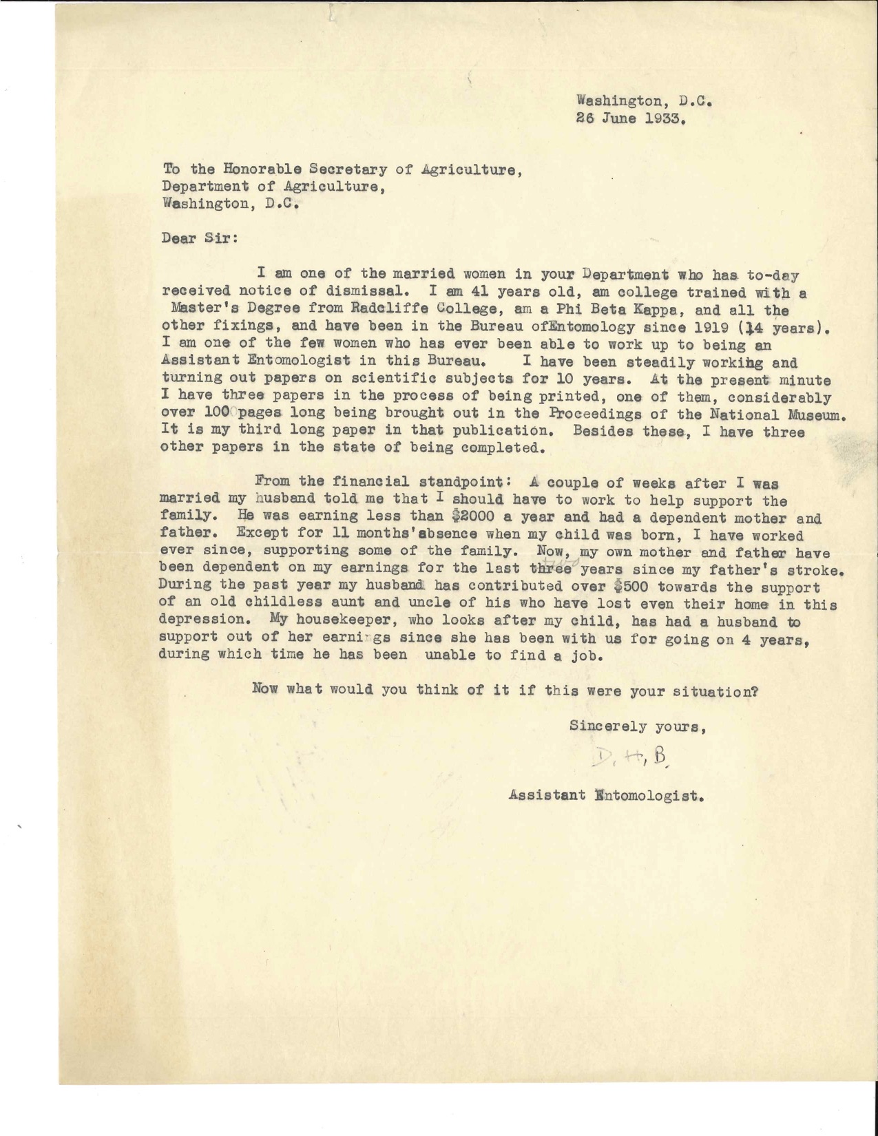 Letter dated June 26, 1933 from Doris Holmes Blake about notice of her dismissal about her accolade