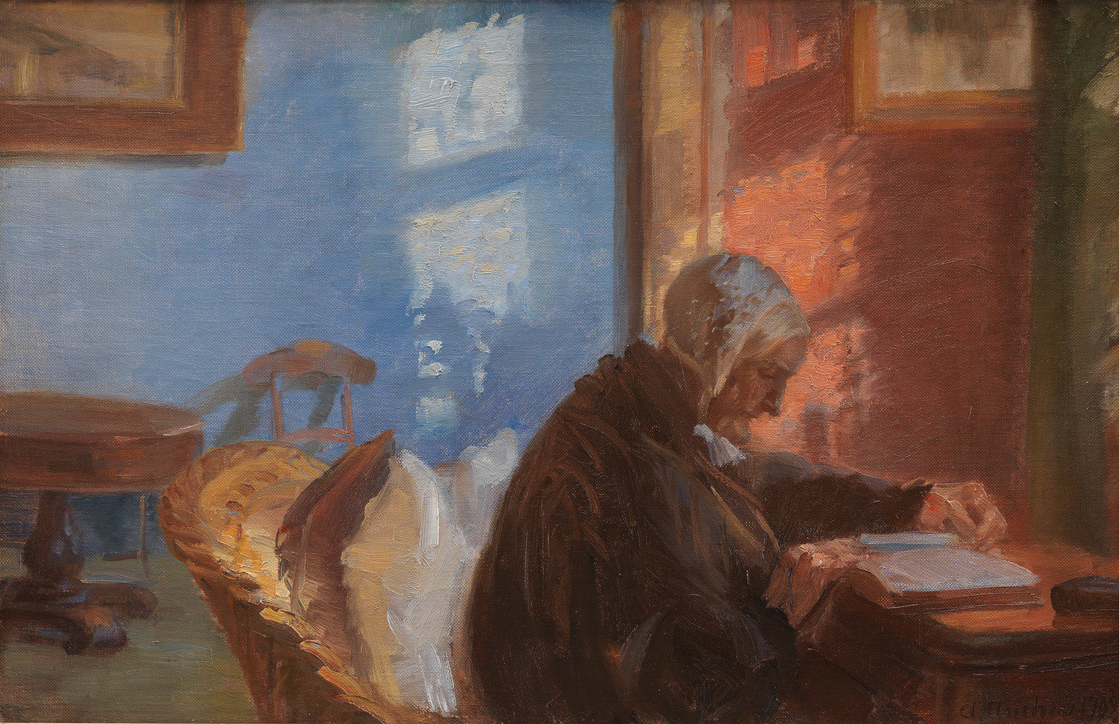 Oil painting of older woman sitting at desk reading a book next to sunlit window.